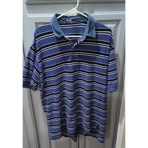 Polo Ralph Lauren Mens XL Blue Striped Polo Shirt Denim Collar Short Sleeve Pony